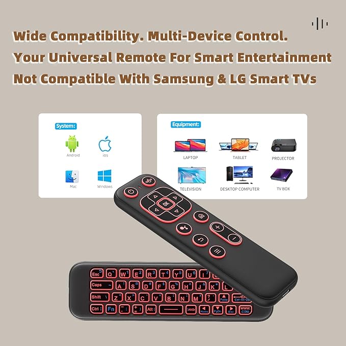 iPazzPort Mini Air Mouse Remote Keyboard with 7-Color Backlight for Android TV Box, Smart TV, HTPC, Projector; Rechargeable Dual-Mode Universal Controller for Couch Browsing