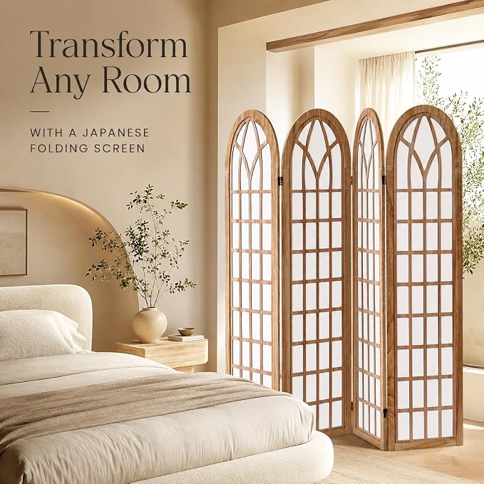 4 Panel Shoji Room Divider Folding Privacy Screen Light Brown | Freestanding - Image 7