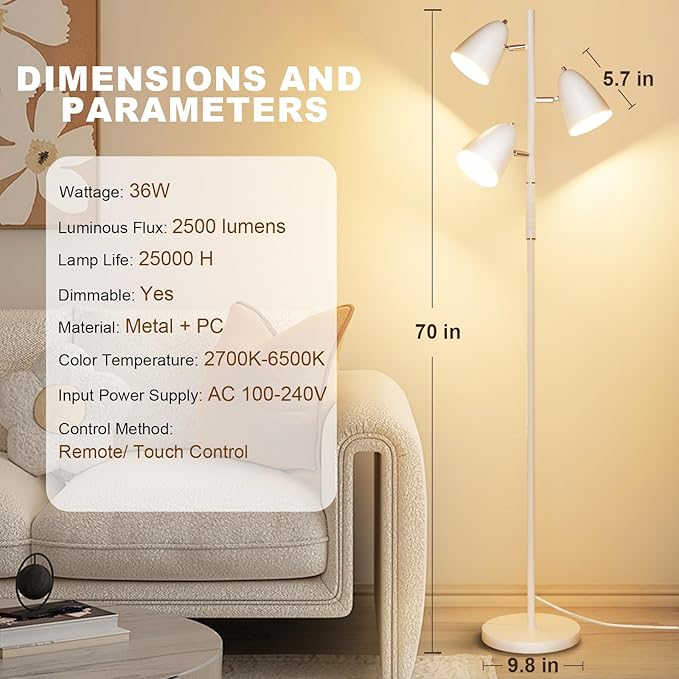 QiMH LED Floor Lamp for Living Room, Modern Dimmable Standing Lamp with 4 Color Temperature,Remote and Touch Control, Tree Floor Lamp for Bedroom with 3 Rotatable Lights Bright Stand up Lamp, White