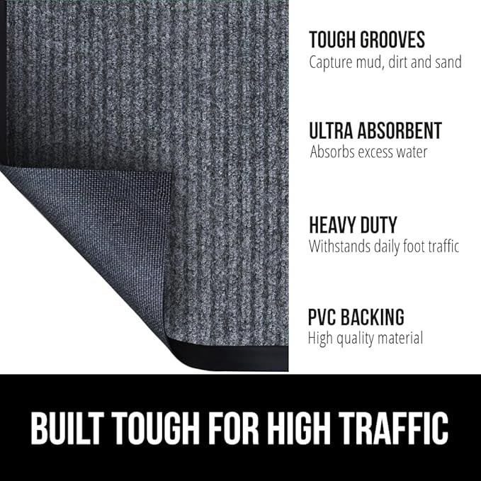 GORILLA GRIP Waterproof Traffic Guard Door Mat, 2 Pack Heavy Duty Entryway Mats, Strong Rubber Back Commercial Rugs for Office Hallway, Garage Floor and Home, Low Profile Carpet, 35x23, Charcoal Gray