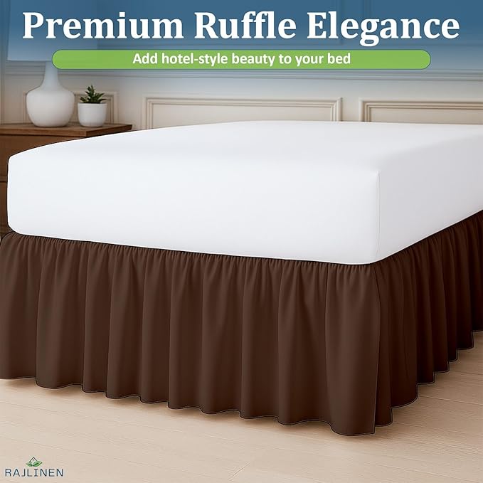 Rajlinen Ruffled Bed Skirt Full, 24 Inch Drop Dust Ruffle with Split Corners, 100% Microfiber Bedskirt with Platform, Three-Sided Coverage Ruffled Gathering Design, Chocolate
