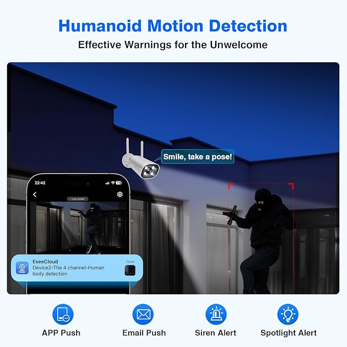 Cromorc Expandable 16CH NVR Wireless Security Camera System with 12.5" Monitor, 4PCS 5MP Surveillance Camera Human Detection, Spotlight, Siren Alarm, 2-Way Audio, Night Vision, 3TB HDD
