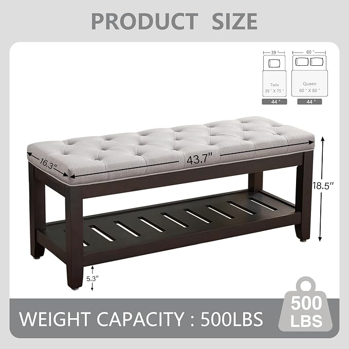 LOULENS 44'' Linen Storage Bench, Upholstered End of Bed Bench, Light Grey | - Image 3