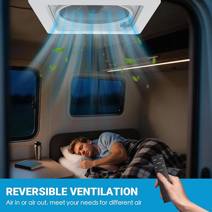 2012 14" RV Roof Vent Fan with LED Light, Air Max Reversible Exhaust Vent, Ultra Low Noise 12V - 24V Ceiling Fan with Remote and Rain Sensor for Camper, Trailer, Van, Motorhome Ventilation