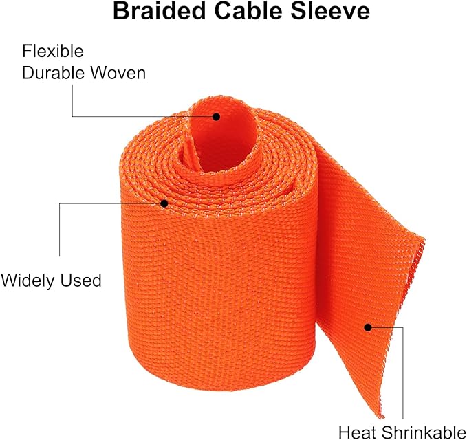 MECCANIXITY Braided Cable Sleeves Heat Shrinkable Fabric Sleeving, 1 9/16" 3ft Orange 2:1 Ratio Heat Shrinkable Cord Protector for Harness Cable, Network Cable Protection, Cable Management