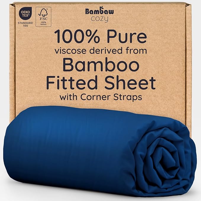 Bambaw 100% Viscose Derived from Bamboo Fitted Sheets Queen Size, Cooling Fitted Sheets Queen Size, 16’’ Deep Pocket Navy Blue Fitted Sheet, Breathable Queen Mattress Fitted Sheet Only (Navy Blue)