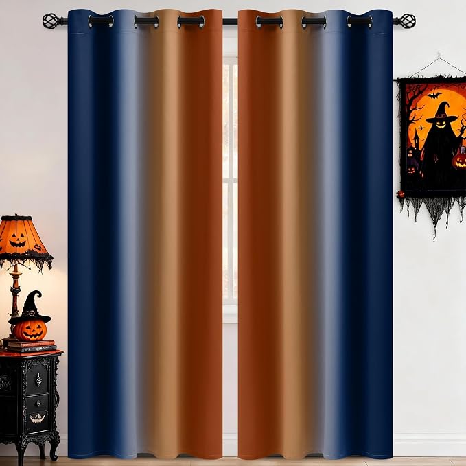 COSVIYA Grommet Ombre Dark Blue & Burnt Orange Curtains W52 x L84 Inch | by COSVIYA