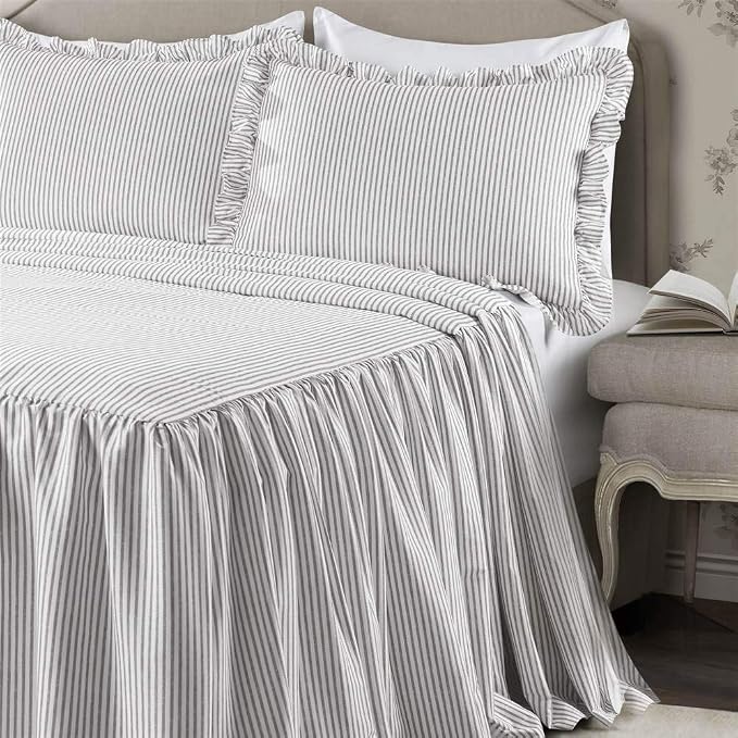 Lush Decor Ticking Stripe Bedspread Queen Size 3 Piece Set Gray - Image 3