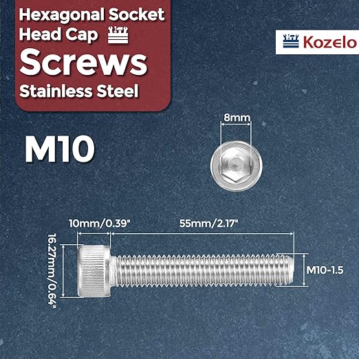 Kozelo 4pcs Socket Head Cap Screws - [M10-1.5 x 55mm] 304 Stainless Steel Allen Socket Drive for Electrical Motor 3D Printing Fan Engine Replacement Use, Silver