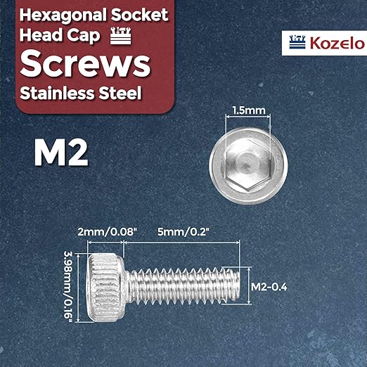 Kozelo 100pcs Socket Head Cap Screws - [M2-0.4 x 5mm] 304 Stainless Steel Allen Socket Drive for Electrical Motor 3D Printing Fan Engine Replacement Use, Silver