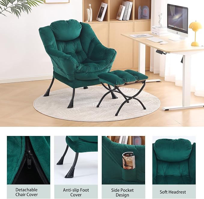 Lazy Chair with Ottoman, Comfy Accent Reading Chair, Velvet Green | Foldable - Image 4