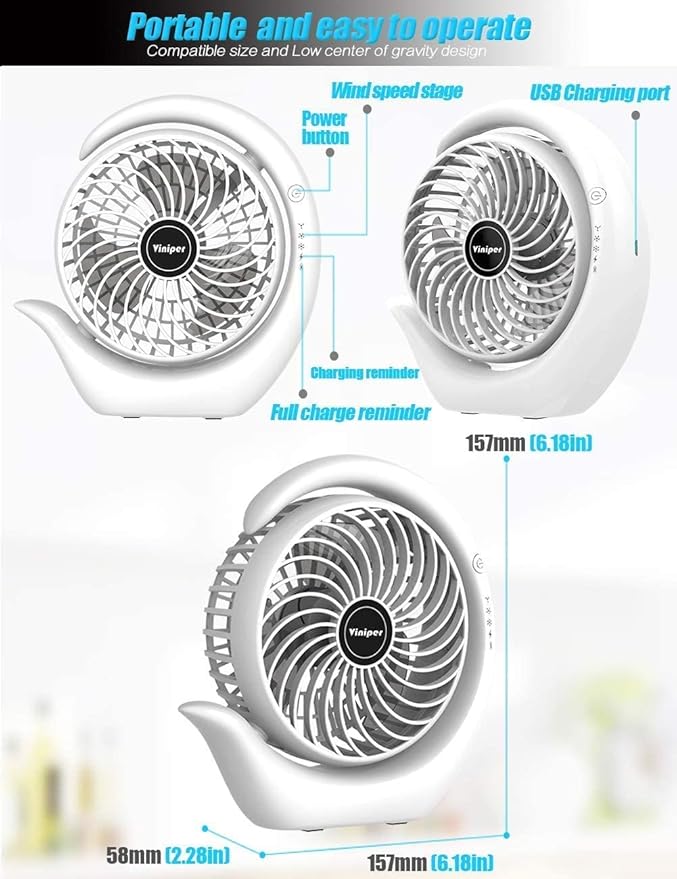 Viniper Battery Operated Fan, Usb Desk Fan : 180° Rotation and 3 Speeds Portable Office Fan, About 8-24 Hours Working for Office Home (Light Pink, Light Black Blade)