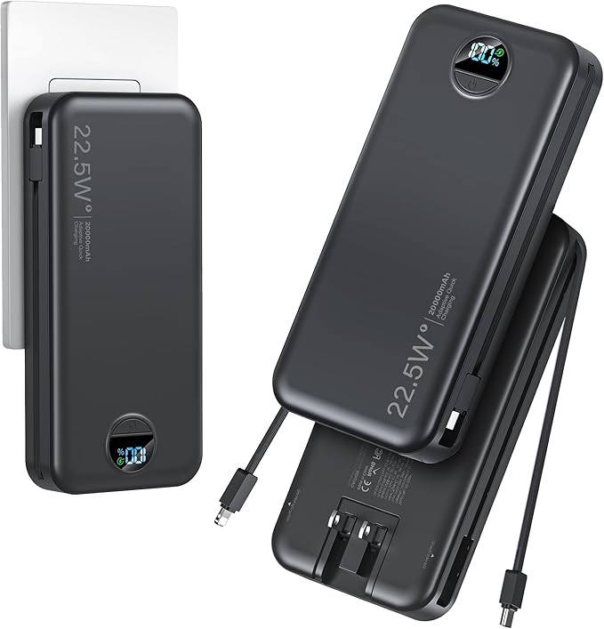 aonidi 20000mAh Ultra-Portable-Charger-Power-Bank PD20W with Built in Cables&AC Wall Plug,Fast Charging Cell Phone Charger Battery Pack,LED Display Travel Battery Bank for All iPhone,Samsung,Android