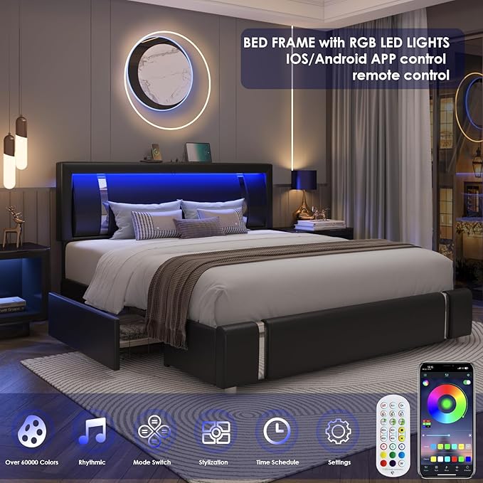 Keyluv King Size Bed Frame with RGB LED Lights & 2 Storage Drawers, Modern Upholstered Platform Bed with Iron Metal Decor, USB Charging Ports, Black