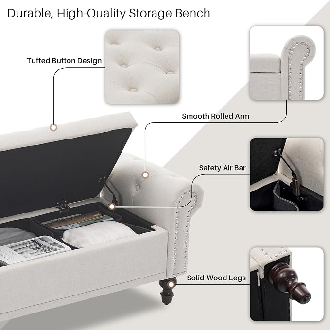 SOFTHION 67" Storage Bench for Bedroom, Linen Upholstered - Image 4