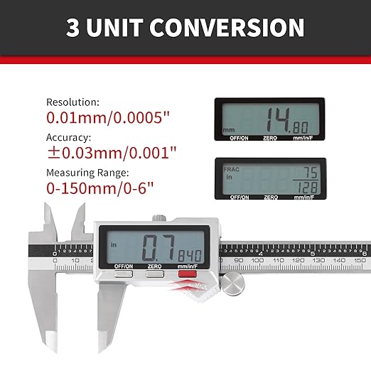 6" / 150 mm Stainless Steel Digital Caliper (IP54) & Stainless Steel Rule Set, Inch/Millimeter/Fraction Conversion, Splash-Proof Protection with Large LCD Display – Precision Measuring Tools