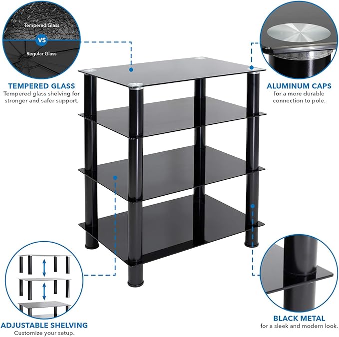 Mount-It! Tempered Glass AV Component Media Stand, Audio Tower and Media Center with 4 Shelves, 88 Lbs Capacity, Black Silk (MI-8670)