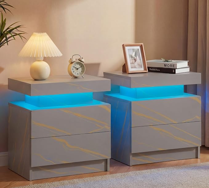 Gray Modern LED Nightstand Set of 2 by Unknown