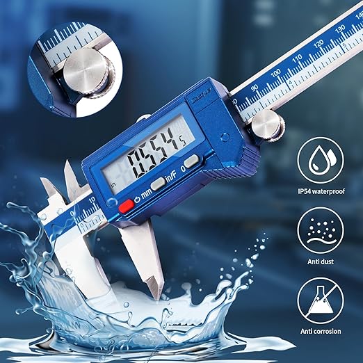 Dasqua 6” IP54 Digital Caliper, Stainless Steel Water-Resistant Precision Measuring Tool with Large LCD, Inch/Metric/Fraction Switch, Resolution 0.0005"/0.01mm/1/128, Accuracy ±0.001"/0.02mm