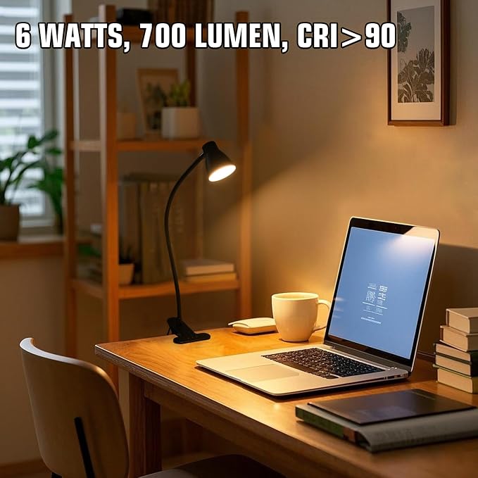 CRI 90+ Eye-Care Clip Light for Reading, 6W Small Clamp Lamp for Desk, Flexible - Image 6
