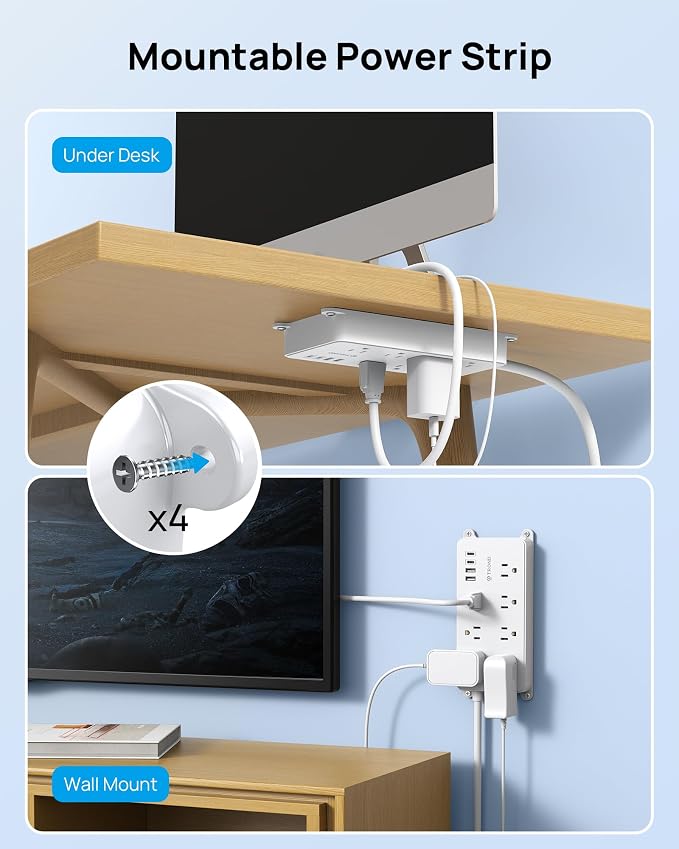 TROND 360° Rotating Plug Power Strip, 10ft Extension Cord, Wall Mountable - Image 7