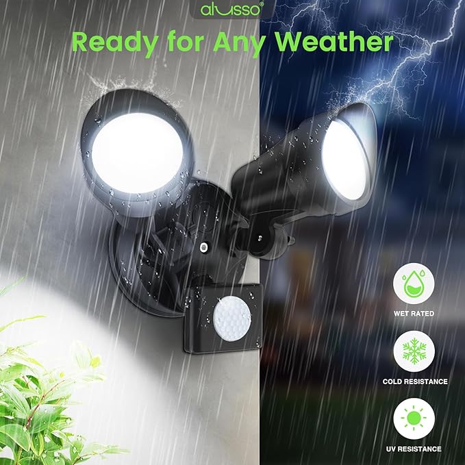 ALUSSO LED Security Lights Motion Sensor, 25W 2000LM Flood Lights Outdoor Motion Sensor with Remote, Dimmable Brightness 3000K-6500K CCT IP65 Security Light ETL Listed for House Garage Yard, 2 Pack