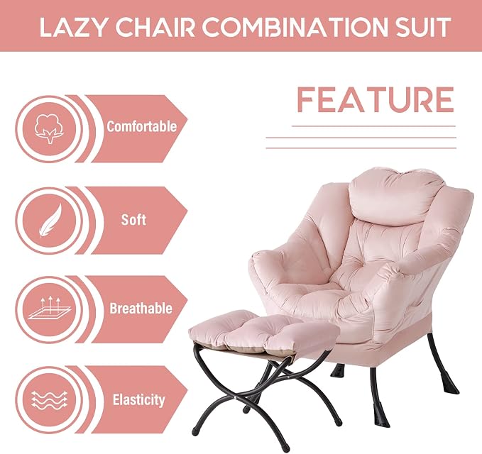 Lazy Chair with Ottoman, Comfy Accent Reading Chair, Velvet Pink | Foldable - Image 5