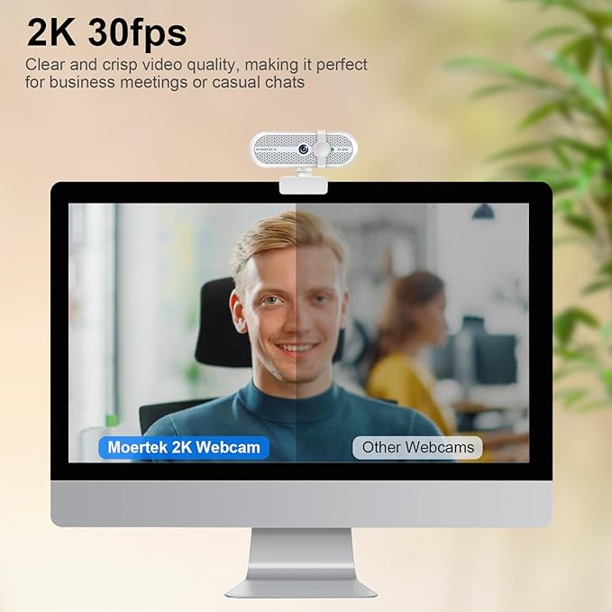 MOERTEK 2K Webcam for PC, Webcam with Microphone and Tripod, Auto Light Correction, USB Camera Plug and Play, 90° Wide FOV, Privacy Cover, Works with Skype, Zoom, Meet, Teams, PC, Laptop, Mac, Tablet