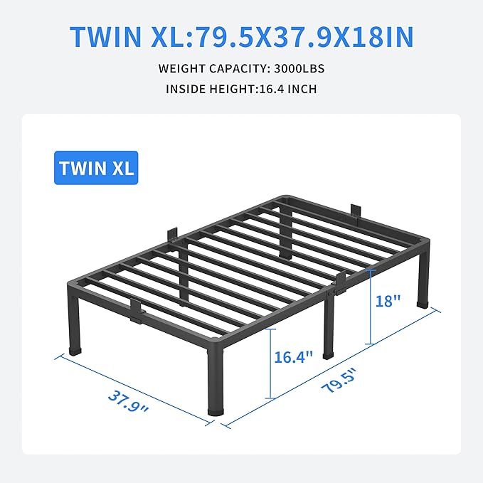 MAF 18 Inch Twin XL Bed Frames with Round Corner Legs Mattress Slide Stopper No Box Spring Needed Heavy Duty Metal Platform Bed Frame Under-Bed Storage Space, 3000 LBS Steel Slats Support