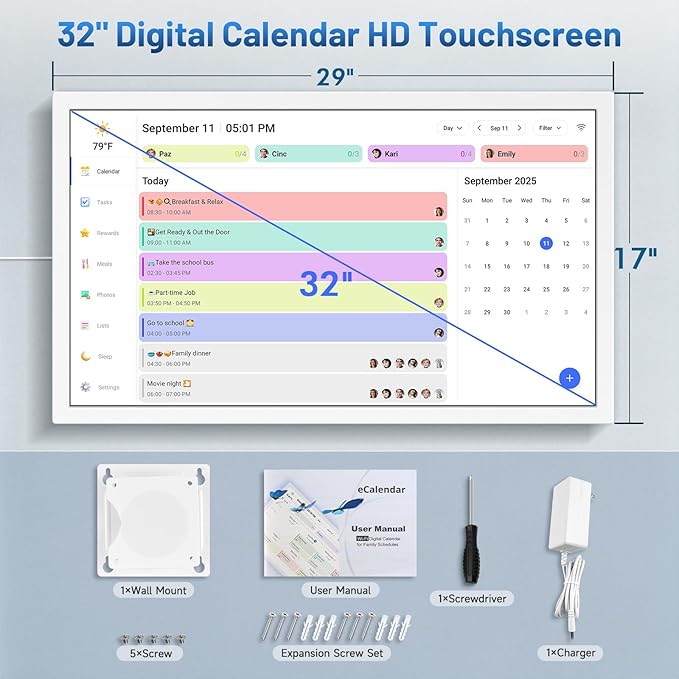 32 Inch Digital Calendar, Electronic Chore Chart, Smart Weekly and Monthly Planner 1920 * 1080P IPS Touchscreen Wall Calendar Rewards for Family Schedules, Meal Planning Gift