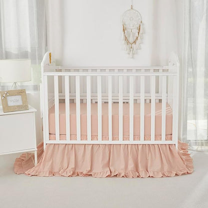 Brandream Boho Bohemian Girl Baby Nursery Crib Bed Skirt Dust Ruffle - Neutral Solid Color Blush Farmhouse Chic 100% Washed Cotton Ruffle