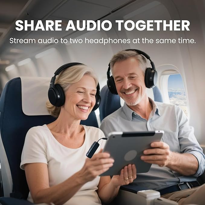 Avantree Relay - Premium Airplane Bluetooth Adapter with Advanced Qualcomm Chipset, 2 Headphones Support, 25hrs Play Time, aptX Adaptive & HD Audio Transmitter for Airpods, Bose & Travel Flight