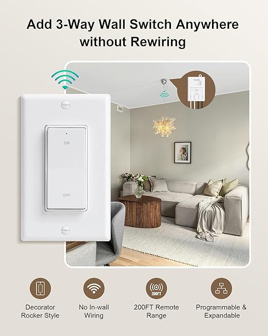 TREEWELL 3 Way Wireless Light Switch and Receiver Kit, Decorator Rocker Wall Switch, 200FT RF Range, No in-Wall Wiring Required, Programmable & Expandable for Ceiling Light, Fans, Lamps