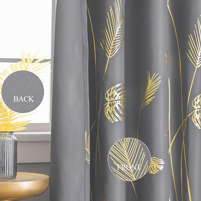 Grey Blackout Curtain for Dining Room 100W x 108L Inch Long Gold Palm Tree - Image 5