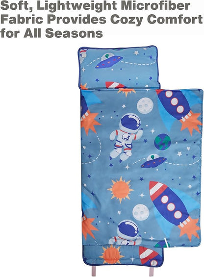 EVERYDAY KIDS Nap Mat w/Removable Pillow -Outer Space Adventures- Carry Handle with Straps Closure, Rollup Design, Soft Microfiber for Preschool, Daycare, Travel Sleeping Bag - Ages 3-6 Years