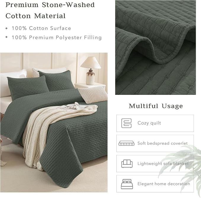 CozyTide Oversized King Quilt 128"x120", Stone-Washed Cotton Dark Green - Image 4