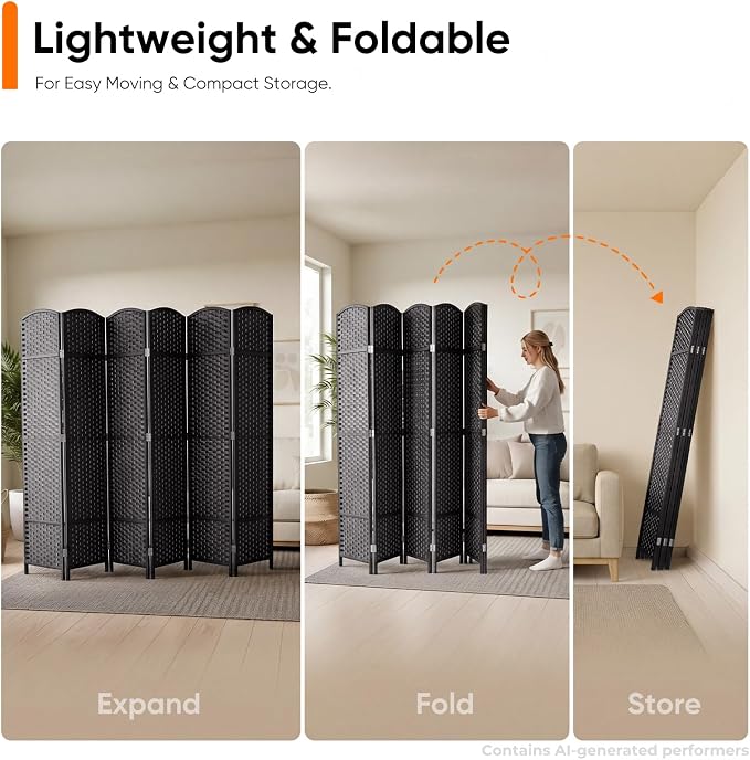 6 Panel Woven Room Divider, Freestanding Decorative Room Partition - Image 4