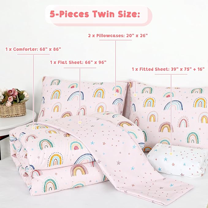 Twin Size Toddler Bedding Set for Girls 5 Piece Toddler Girl Bedding, Super Soft Toddler Comforter Set Includes Comforter, Flat Sheet, Fitted Sheet, Pillowcase (Pink Cute Rainbow)