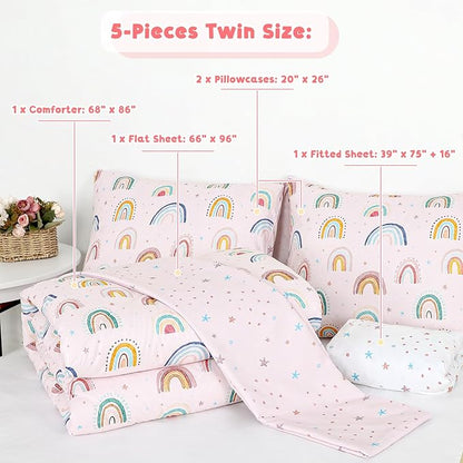 Twin Size Toddler Bedding Set for Girls 5 Piece Toddler Girl Bedding, Super Soft Toddler Comforter Set Includes Comforter, Flat Sheet, Fitted Sheet, Pillowcase (Pink Cute Rainbow)