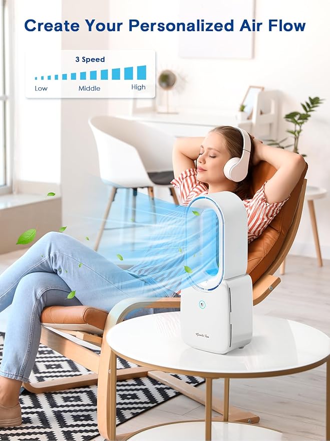let'me Desk Fan, Portable Bladeless Fan 11.8 inch Small Personal Cooling Fan with 5 Colors Touch Control LED Light, Quiet Table Fan for Office, Home, Bedroom