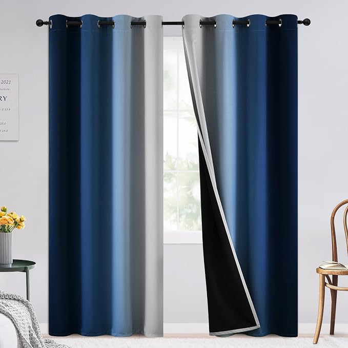 SimpleHome 100% Blackout Ombre Bedroom Curtains Blue and Greyish White by SimpleHome