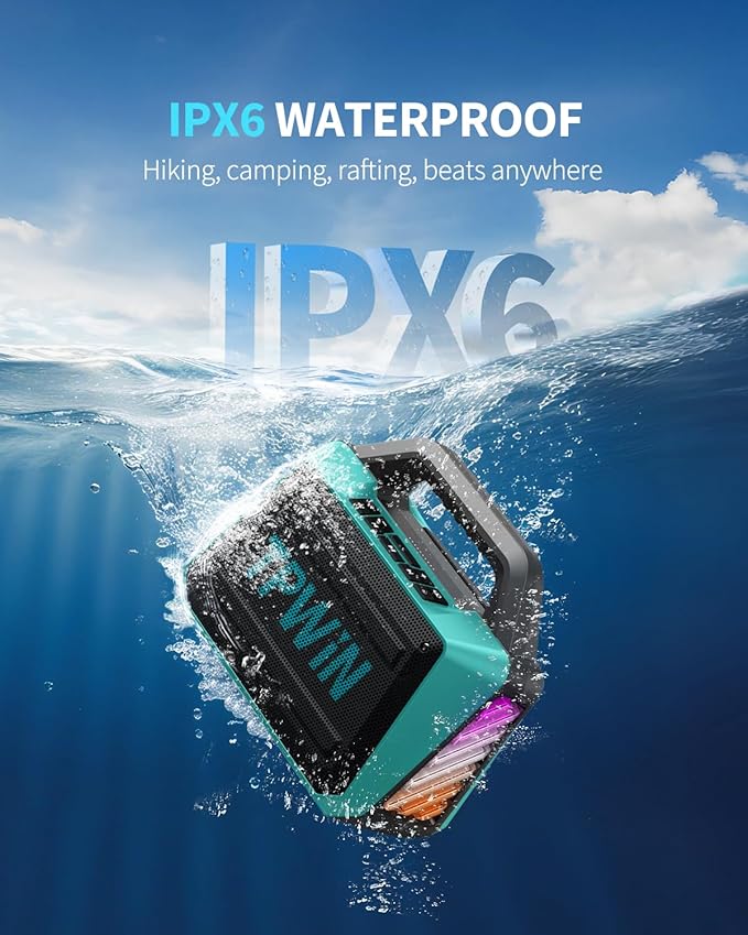 TPWIN Powerful 80W Outdoor Bluetooth Speaker: IPX6 Waterproof, Rugged, 20H Playtime, Deep Bass, Lightshow, TWS, BT 5.3 Wireless, Portable for Travel Hiking Camping Beach Pool - Teal