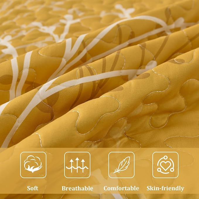 DJY Yellow Quilt Set Queen Size Branch Botanical Bedspread Coverlet Set | 3 - Image 6