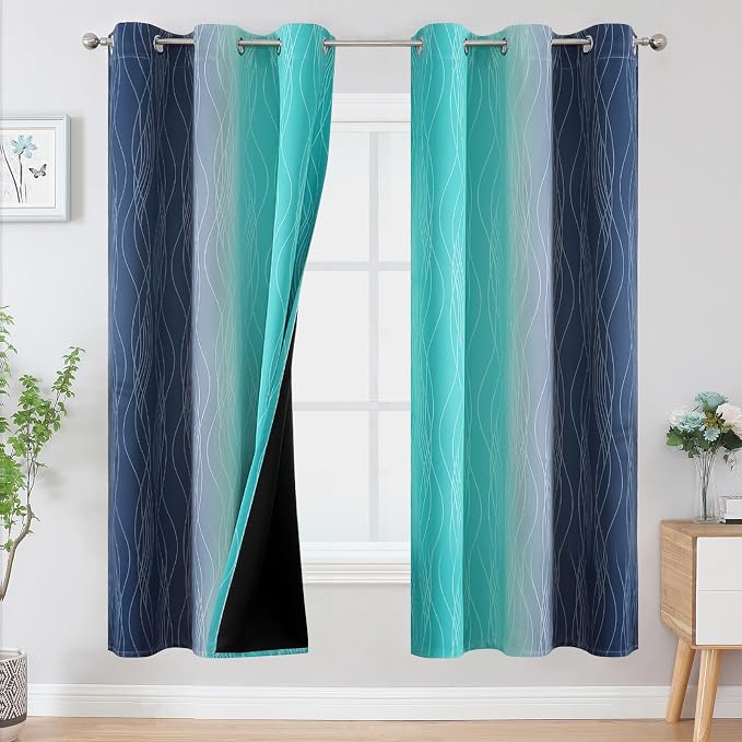 Navy Blue and Teal Gradient Blackout Curtains by ESTELARTEXTILER