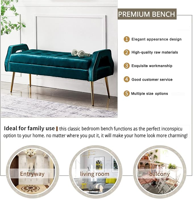 Luxurious End of Bed with den Legs, Bedroom Velvet Upholstered Seat, Comfy - Image 2