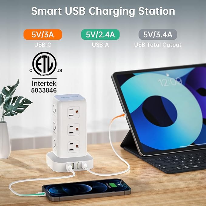 PD20W Power Strip Tower Surge Protector Power Strip with USB 12 Outlets with 4 USB Ports (1 USB C), Flat Plug 10FT Extension Cord Multi Plug Outlet Extender Overload Protection for Home Office