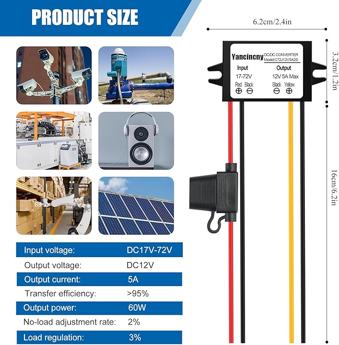 Yancincny DC 24V 36V 48V 60V 72V Step Down to 12V 5A 60W Converter Regulator Reducer Power Supply Module Buck Transformer, Waterproof DC 24V to 12V Converter with Fuse for Golf Cart