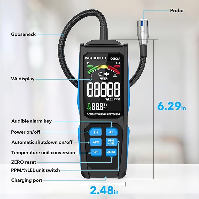 INSTRODOTS Natural Gas Detector, Gas Leak Detector with Audible & Visual Alarm, Rechargeable Gas Sniffer with 11.3-inch Gooseneck, Locating Propane, Natural Gas, Combustible Gas Leak for Home and RV