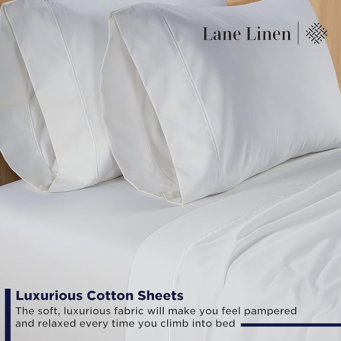 LANE LINEN 600 Thread Count 100% Cotton White Sheets Set Full Size, Fully Elasticized Cotton Hotel Style Thick Full Bedsheets, Soft Silky Sateen Weave for Luxurious Sleep, Machine Wash - White