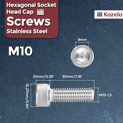 Kozelo 20pcs Socket Head Cap Screws - [M10-1.5 x 30mm] 304 Stainless Steel Allen Socket Drive for Electrical Motor 3D Printing Fan Engine Replacement Use, Silver